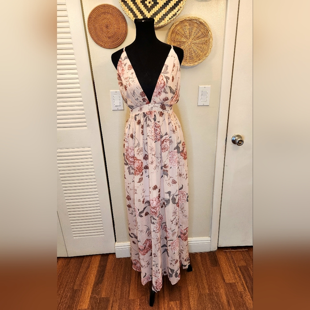 Pink Floral Sleeveless Maxi Dress With V-Neck